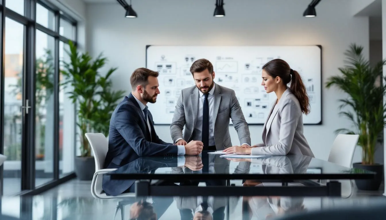 The image depicts a group of security professionals collaborating in a modern office, discussing strategies to improve software security and address critical security risks such as sensitive data exposure and broken access controls. They are engaged in a productive dialogue about web application security and the importance of secure design patterns to protect sensitive data.