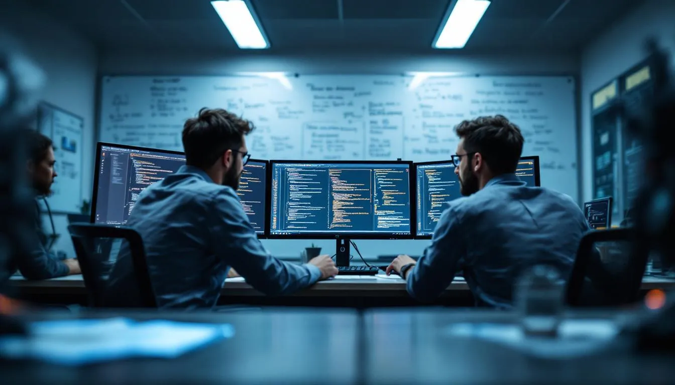 A security team of professionals is intently analyzing application code displayed across multiple monitors, focusing on identifying vulnerabilities such as broken access controls and sensitive data exposure to improve software security. They are engaged in discussions about critical security risks and best practices for web application security, ensuring data integrity and protection against potential threats.