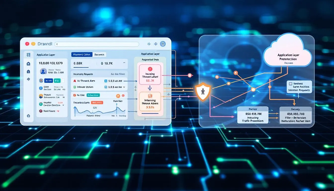 The image illustrates application layer protection, showcasing request filtering and analysis techniques designed to mitigate DDoS attacks. It emphasizes the importance of distinguishing between legitimate traffic and malicious internet traffic to ensure business continuity and protect web applications from potential threats.