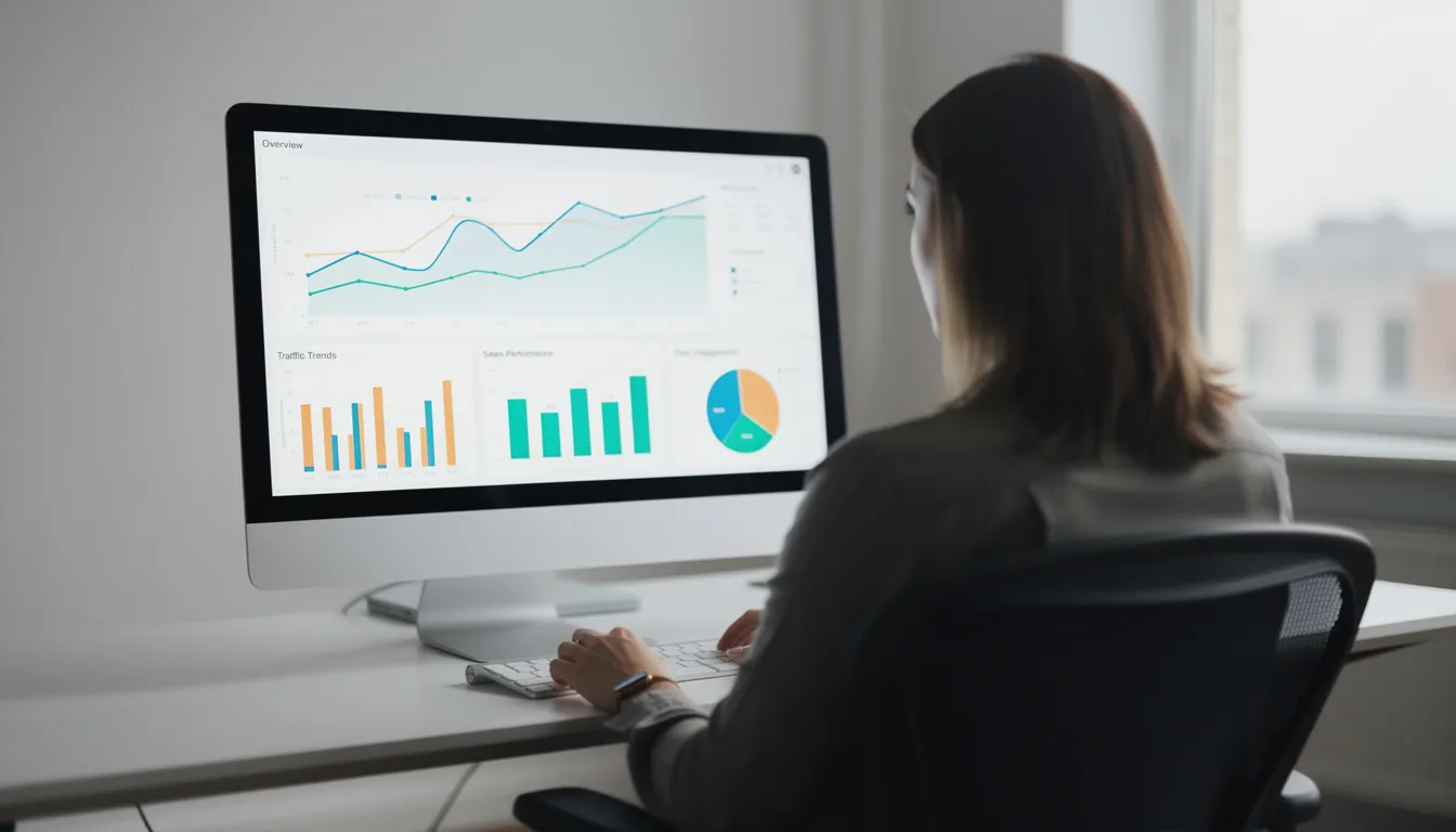 The image depicts a person intently viewing an analytics dashboard on a computer monitor, analyzing web traffic data and security metrics related to web applications. This visual emphasizes the importance of web application security compliance and the role of a web application firewall (WAF) in protecting against threats like SQL injection and cross-site scripting.