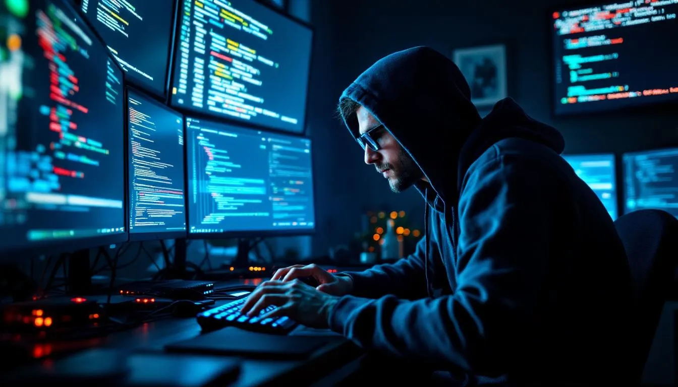 The image depicts a cybercriminal attempting to breach web application defenses by exploiting multiple attack vectors, highlighting the critical security risks associated with web application vulnerabilities. This scenario emphasizes the importance of web application security in protecting sensitive data from malicious actors and unauthorized access.