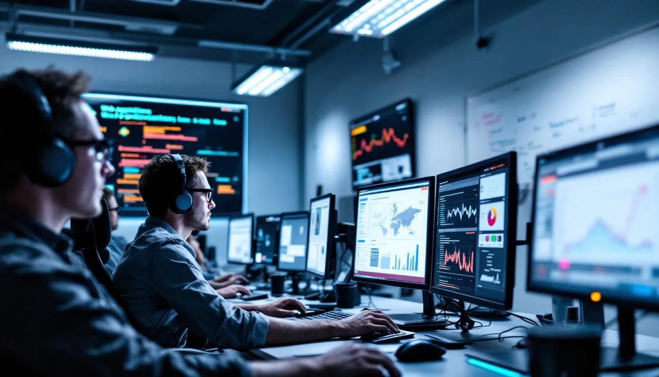 The image depicts a security team actively monitoring multiple screens that display various web application security threats, including potential attacks and vulnerabilities. The team is focused on protecting sensitive data and ensuring the integrity of web applications against malicious traffic and unauthorized access.