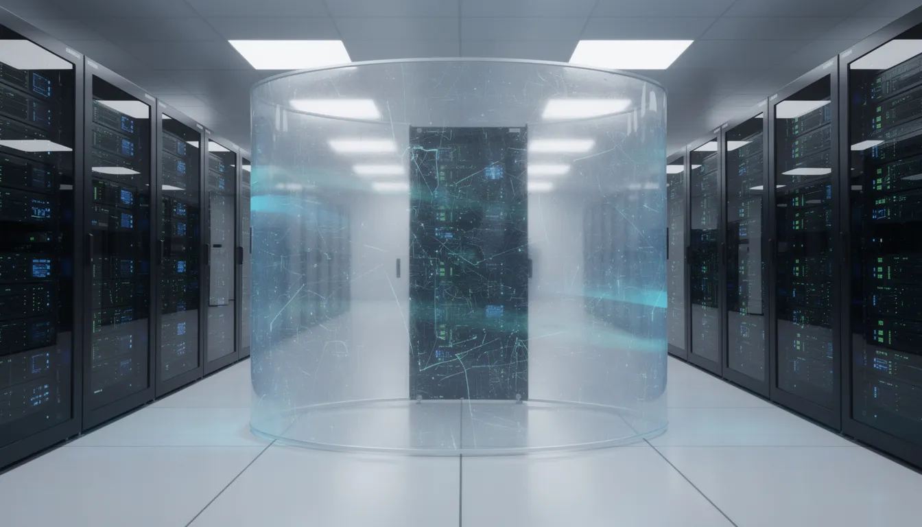 The image depicts a protective shield in front of a server rack within a modern data center, symbolizing a web application firewall (WAF) that safeguards web applications against threats like SQL injection and cross-site scripting. This security solution is crucial for blocking malicious traffic and ensuring web application security compliance.