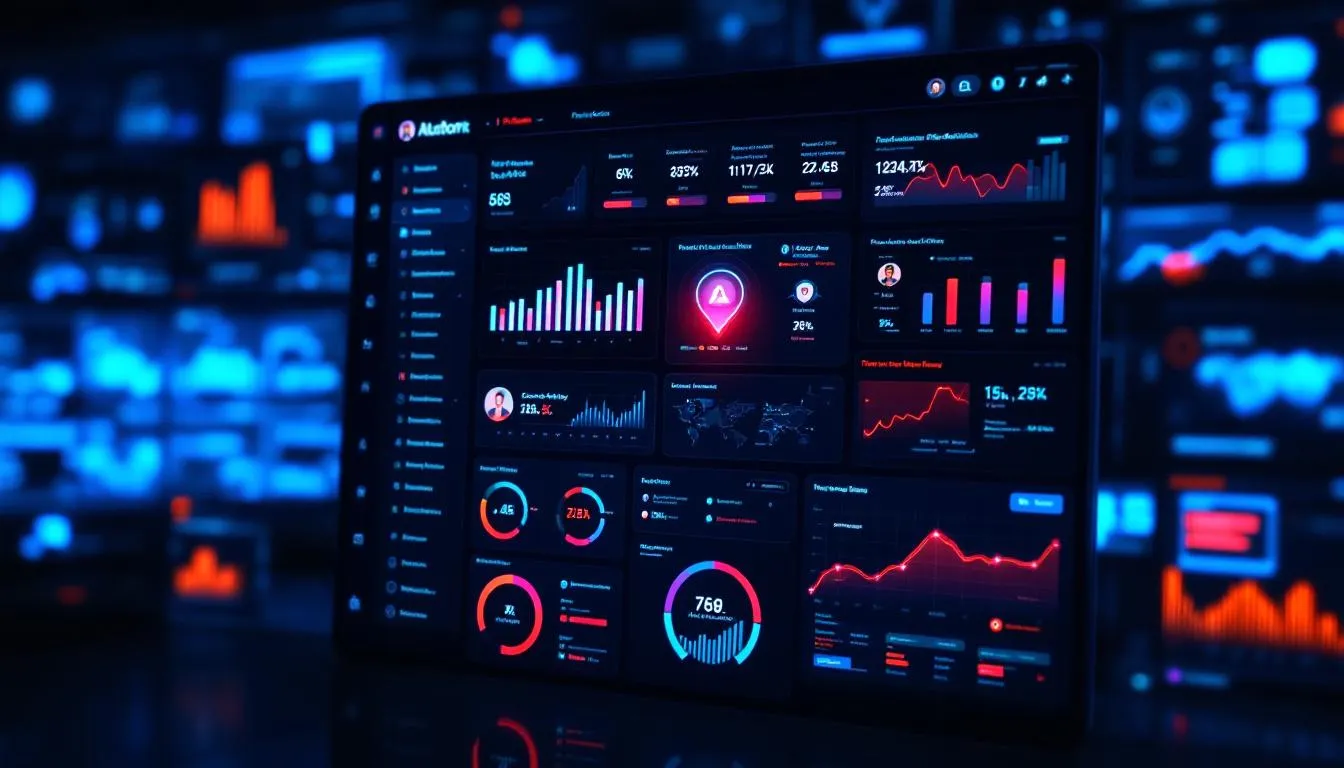 The image depicts a security monitoring dashboard displaying real-time analytics of incoming traffic, highlighting both legitimate and malicious internet traffic patterns. It emphasizes key features for threat detection and DDoS protection, showcasing metrics related to various types of attacks, including volumetric and application layer attacks, to ensure business continuity and data security.