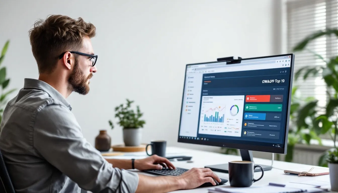 A security analyst is intently reviewing a dashboard displaying the OWASP Top 10 vulnerabilities, focusing on critical security risks that threaten web applications. The dashboard highlights various web application vulnerabilities, including broken access control and cross-site scripting, essential for protecting sensitive data and mitigating security threats.