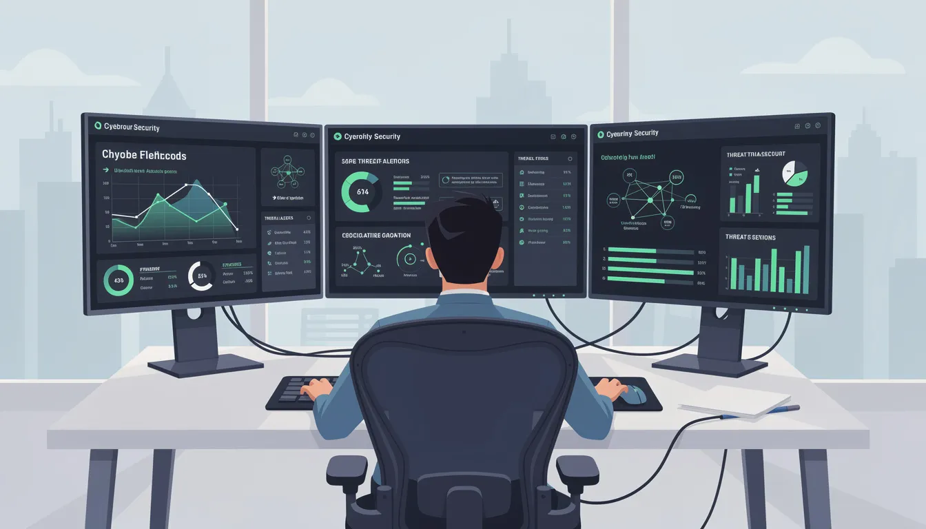 The image depicts a person sitting at a desk, intently reviewing a security dashboard displayed across multiple monitors, which showcases various security features and alerts related to their WordPress site. The user interface highlights potential threats such as suspicious IP addresses and login attempts, emphasizing the importance of firewall protection and the role of security plugins in safeguarding against brute force attacks and malware.