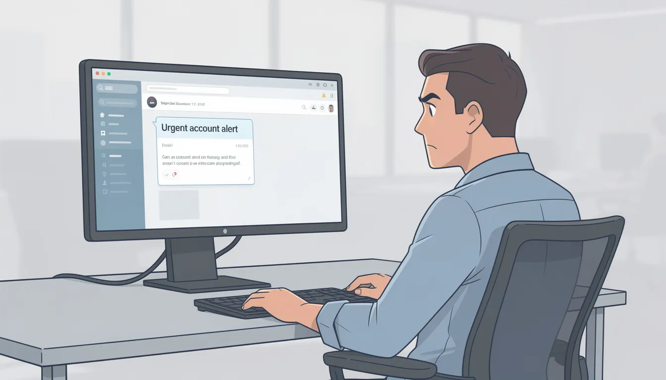 An illustration depicts a person with a concerned expression, suspiciously examining an email on their computer screen, highlighting the importance of security features like a web application firewall to protect against potential threats. This scenario emphasizes the need for vigilance against malicious bots and harmful traffic in maintaining a secure WordPress site.