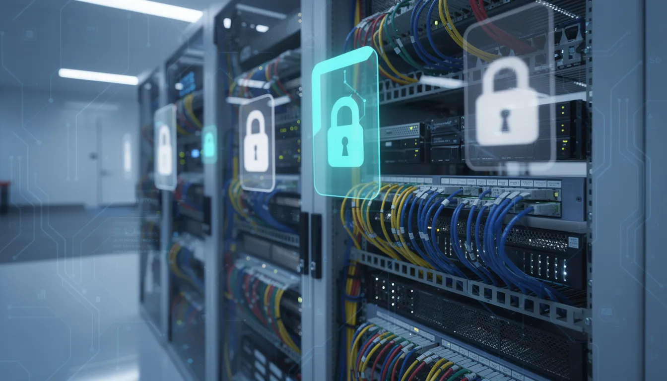 The image depicts a server room filled with various network cables, accompanied by security lock symbols, emphasizing the importance of website security and protection against potential threats such as brute force attacks. This visual highlights the critical role of implementing security measures, like a web application firewall, to safeguard a WordPress site from vulnerabilities.
