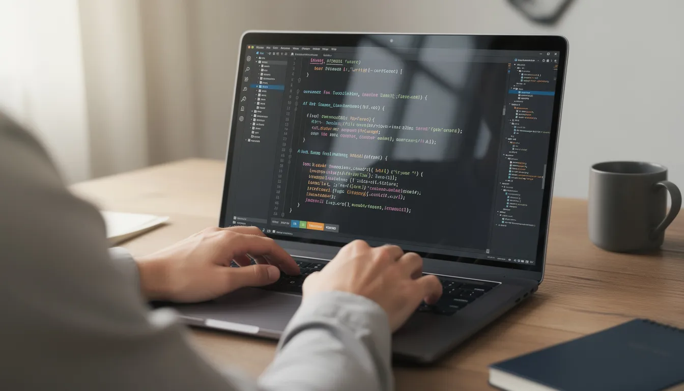 The image depicts a person focused on typing on a laptop, with lines of code visible on the screen, suggesting they are working on a WordPress website. This scene highlights the importance of security measures, such as implementing security plugins and best practices to protect against potential vulnerabilities and attacks.