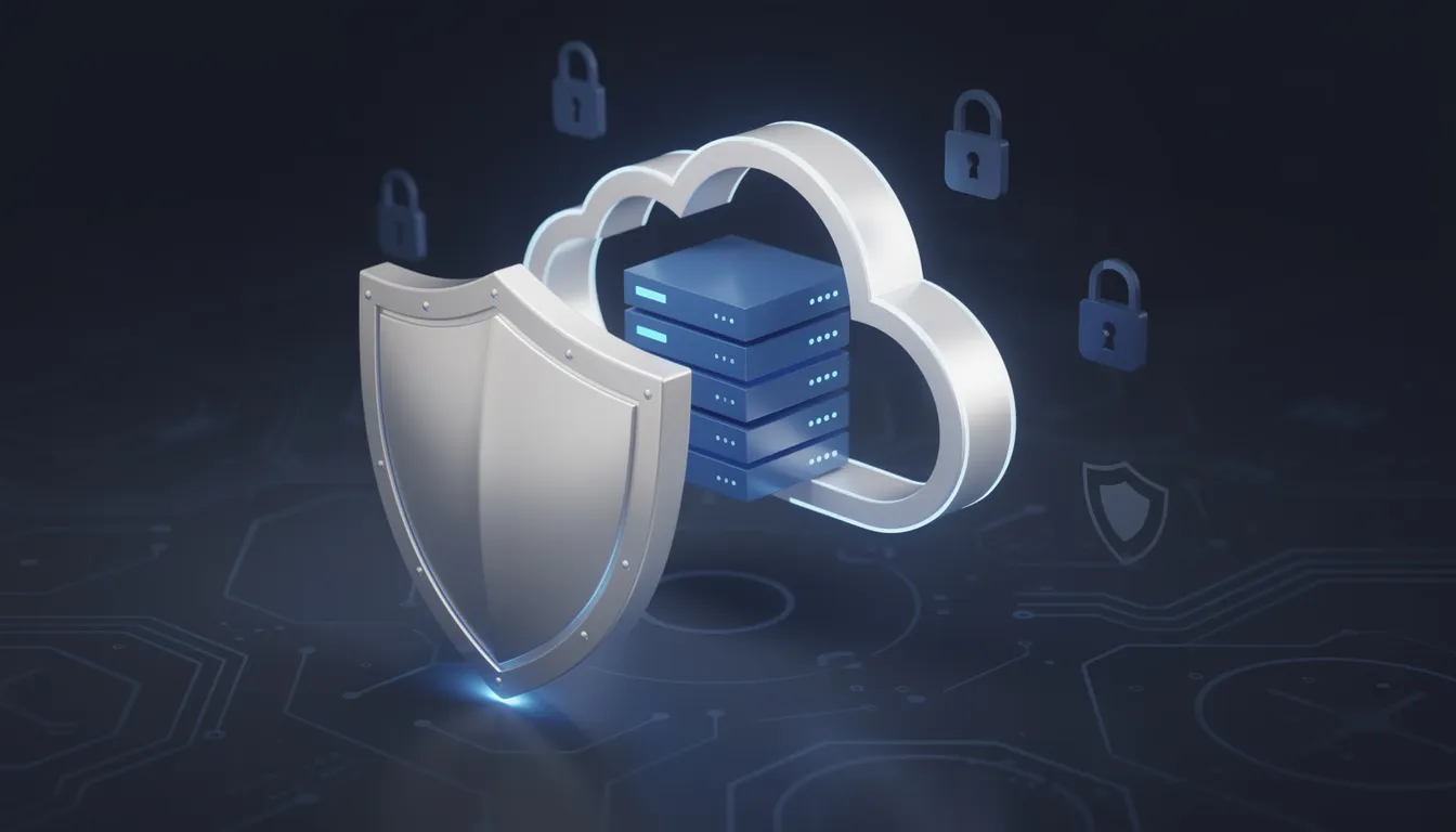 The image depicts a shield symbolizing protection over a cloud server, representing a secure WordPress website. This visual emphasizes the importance of website security measures, such as a web application firewall, to safeguard against security risks and potential breaches.