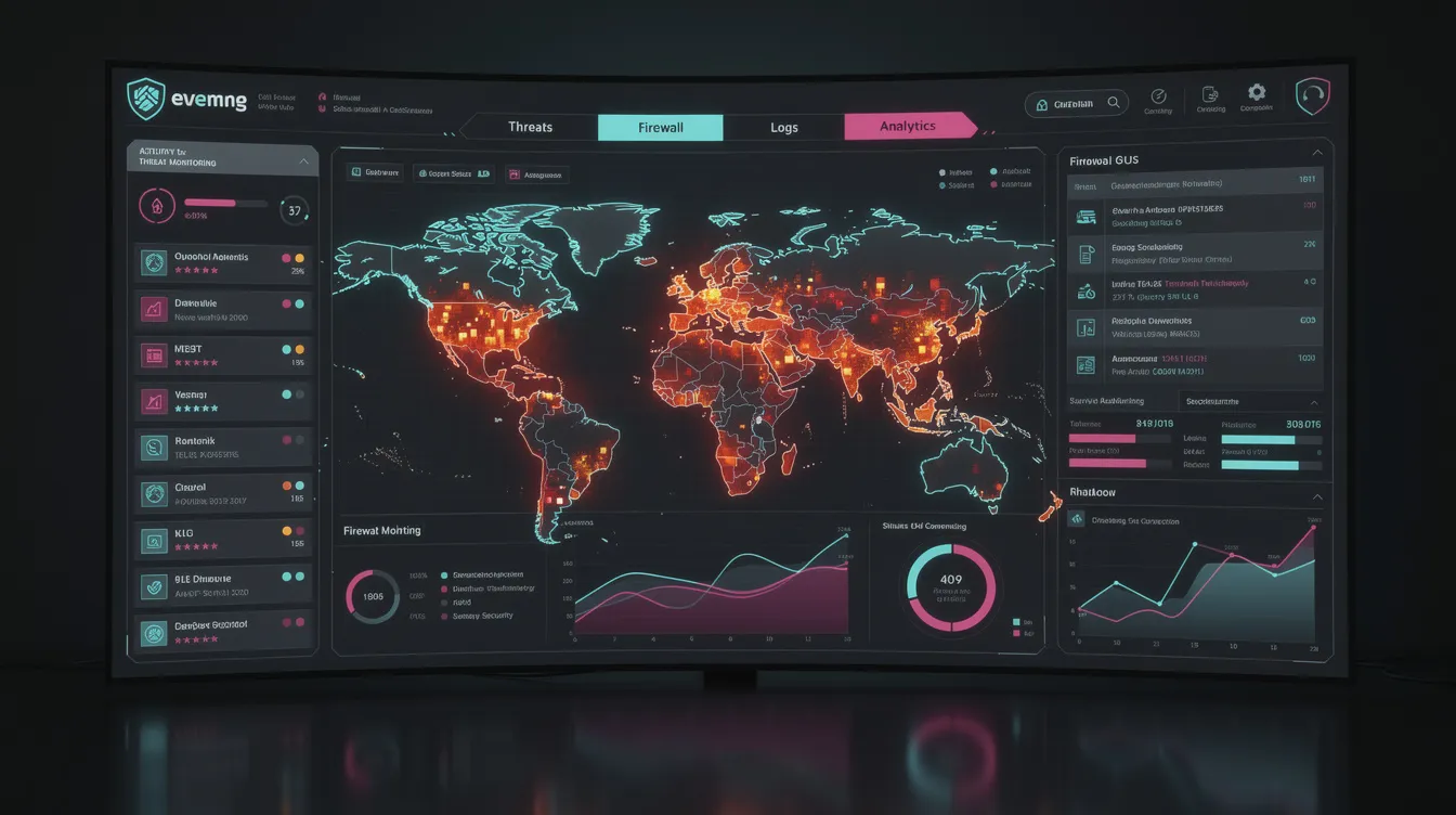 The image depicts a security dashboard interface showcasing threat monitoring and firewall activity, featuring various security tools and alerts to protect a WordPress site from potential security issues. This interface highlights features such as brute force protection, malware scanning, and firewall rules, essential for managing the site's security effectively.