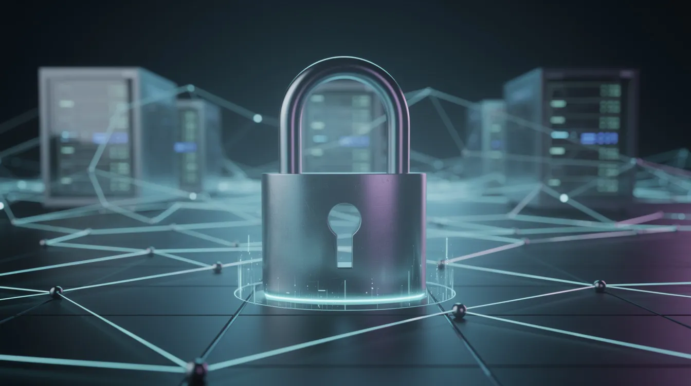 The image features a padlock symbol prominently placed over a network of interconnected servers, representing a strong emphasis on network security and data protection. This visual signifies the importance of AI-powered firewalls and comprehensive security solutions in safeguarding sensitive information against cyber threats and emerging risks.
