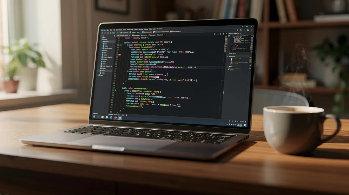 The image features a laptop with a screen displaying lines of code, accompanied by a cup of coffee, suggesting a workspace focused on cyber security and data protection. This setup emphasizes the importance of protecting sensitive data and utilizing AI systems for threat detection and prevention in today's evolving digital landscape.