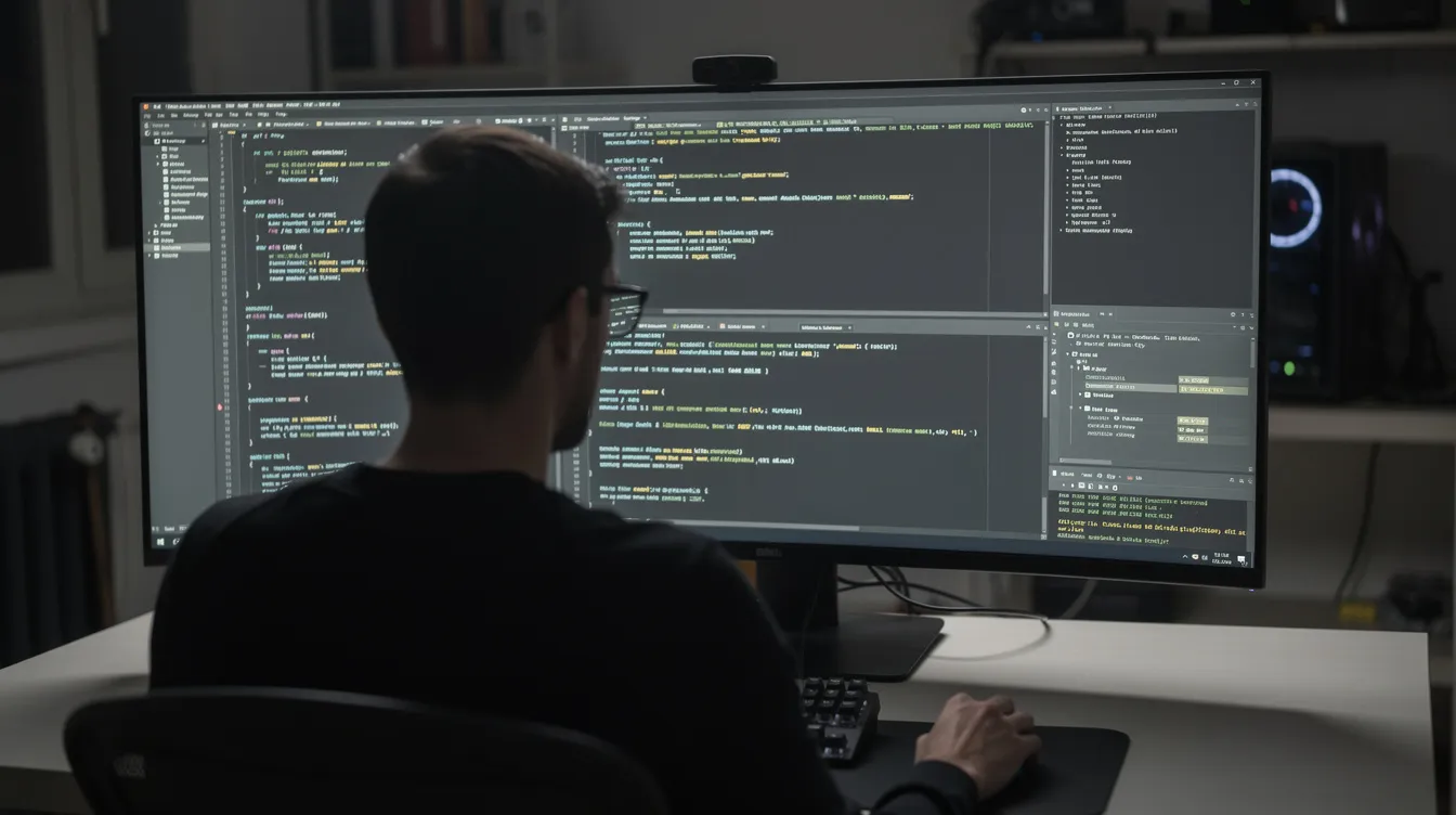 The image depicts a person focused on their computer, surrounded by multiple terminal windows filled with lines of code, likely working on tasks related to malware removal or security for a WordPress site. The screens may be displaying scan results or identifying malicious code, emphasizing the importance of using reliable security plugins to protect against malware threats.