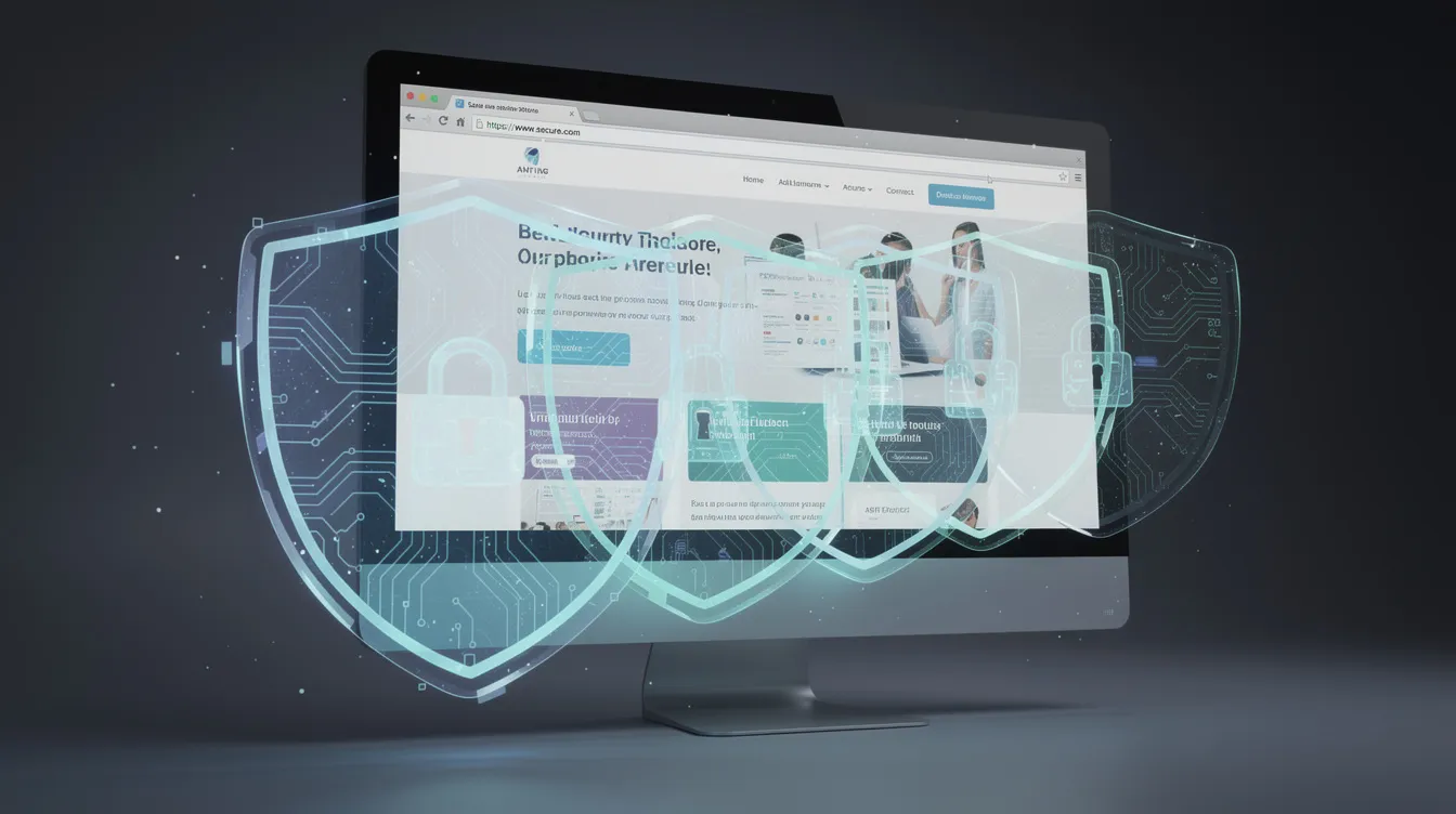 The image depicts multiple layers of security shields stacked in front of a website, symbolizing robust protection against threats like brute force attacks and malware. This visual emphasizes the importance of using a good WordPress security plugin to enhance a site's security through features such as firewall protection and malware scanning.
