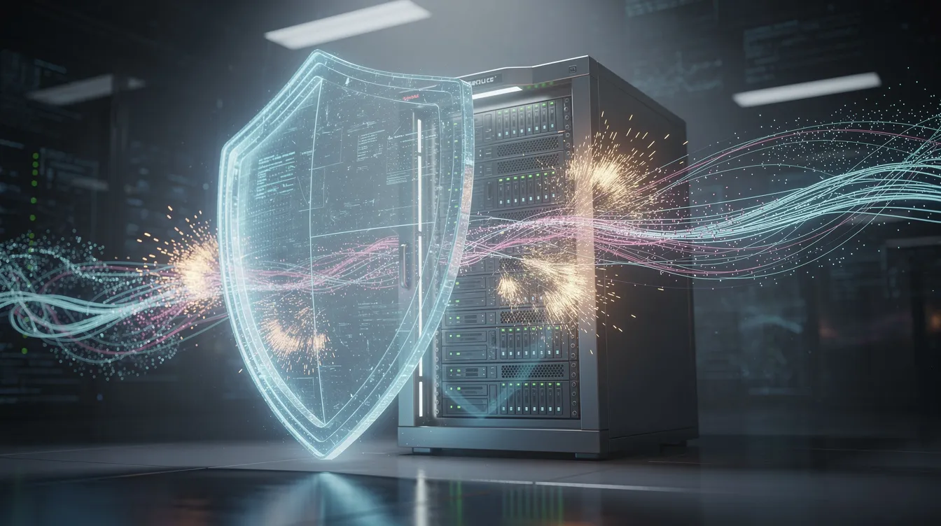 The image depicts a digital shield symbolizing robust protection over a server rack, surrounded by flowing data streams, illustrating the importance of website security features such as a WordPress security plugin to defend against brute force attacks and malware threats. This visual emphasizes the need for solid security measures, including firewall protection and real-time traffic monitoring, to safeguard WordPress sites.