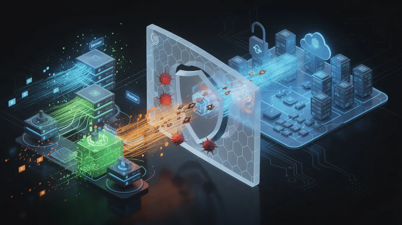 The image illustrates a network security concept, depicting data traffic flowing through a protective barrier that symbolizes a firewall. This visual emphasizes the importance of security solutions for WordPress websites, highlighting the need for malware detection and removal to safeguard against malicious software and vulnerabilities.