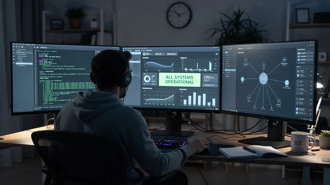 A developer is intently reviewing server activity across multiple monitors in a quiet workspace, ensuring the security of a WooCommerce store by monitoring for fraudulent transactions and suspicious traffic. The setup emphasizes the importance of fraud prevention tools and maintaining customer trust while managing the complexities of online business security.