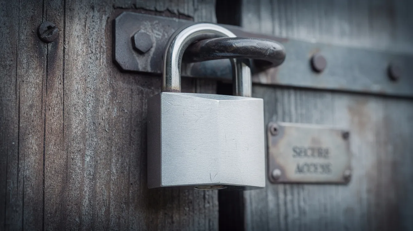 The image depicts a sturdy padlock affixed to a rustic wooden door, symbolizing the importance of login security for a WordPress site. This visual representation emphasizes the need for strong security measures, such as limiting login attempts and enabling two-factor authentication, to protect user accounts from brute force attacks.