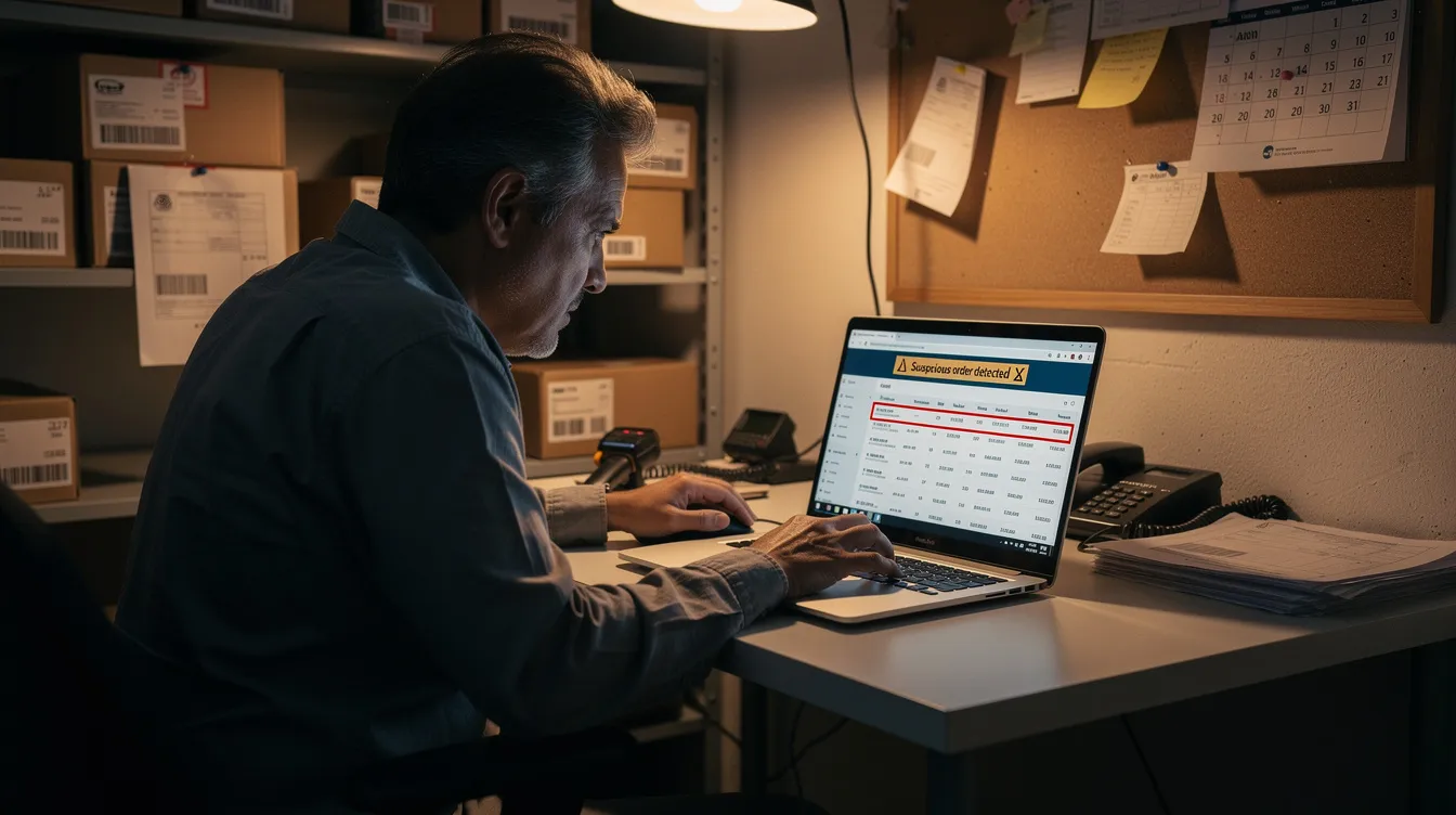 A store owner is sitting at a desk in a small office, intently reviewing suspicious orders on a laptop, which may involve fraudulent transactions and the potential use of stolen credit cards. The scene highlights the importance of security measures like fraud prevention tools and bot protection for maintaining a secure WooCommerce site.