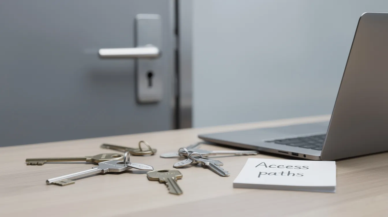 The image depicts a locked office door with a disorganized array of keys scattered on a desk, symbolizing unresolved access paths that may remain after a thorough malware removal process on a hacked WordPress site. This visual represents the challenges site owners face in ensuring their WordPress files are secure and free from malicious code.