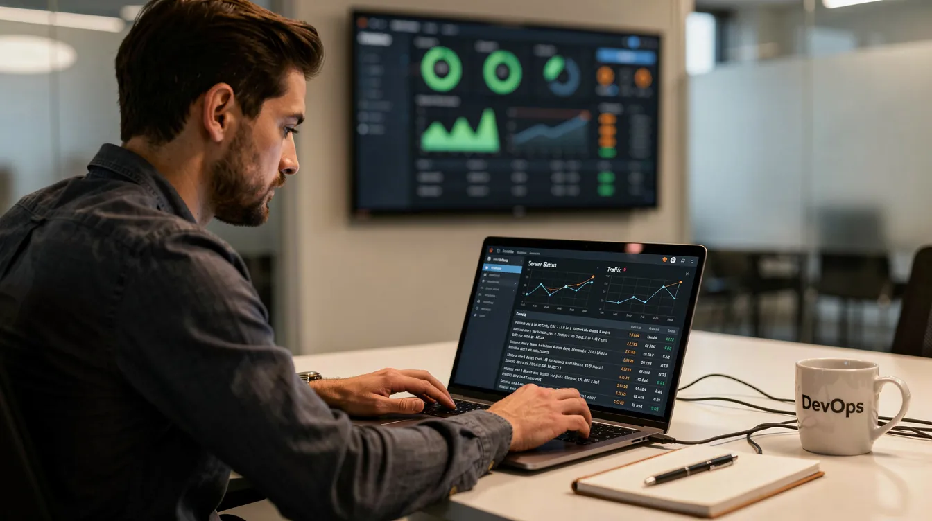 A website maintenance professional is focused on reviewing server activity on a laptop, ensuring the security of a WordPress site by monitoring login attempts and potential security threats. This proactive approach is essential for implementing WordPress security best practices and protecting against brute force attacks and other vulnerabilities.