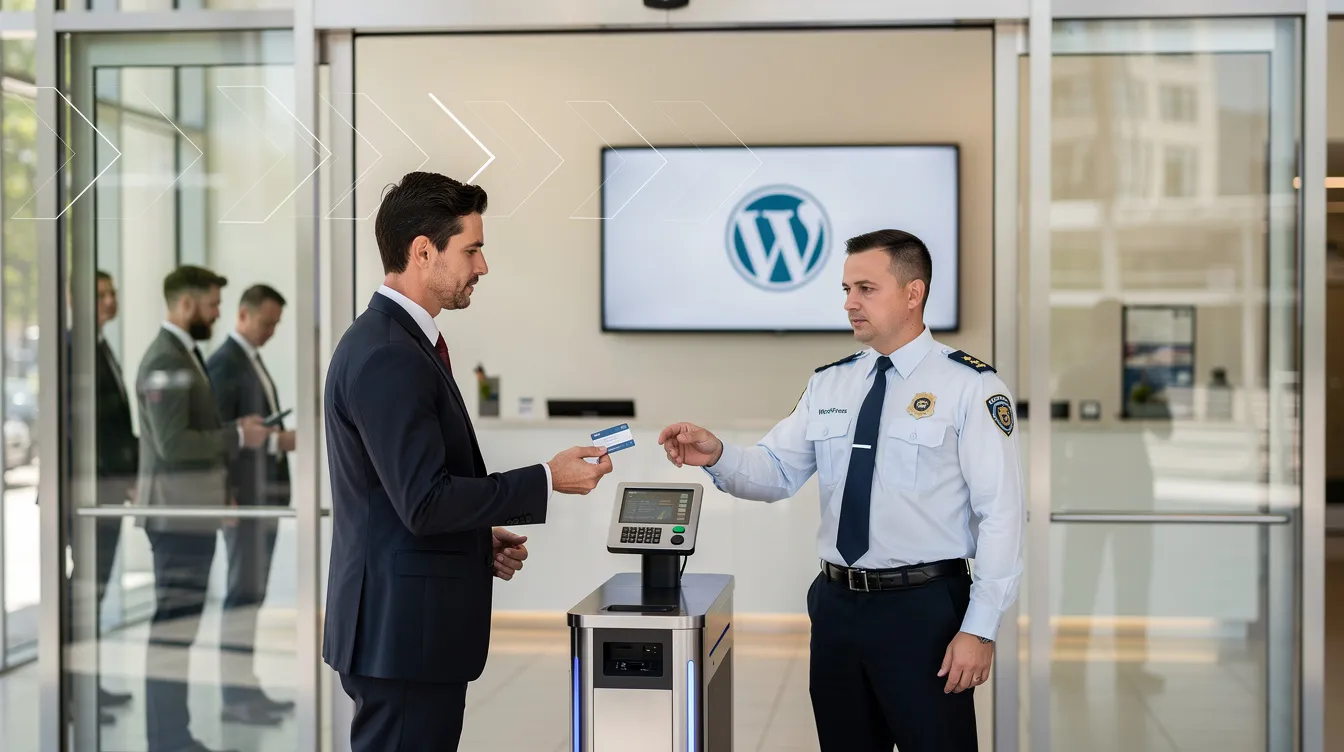 A security guard is inspecting visitors at the entrance of a building, symbolizing the importance of request filtering to protect WordPress sites from malicious code before it reaches the server. This proactive measure helps site owners ensure the security of their WordPress installation against malware threats.