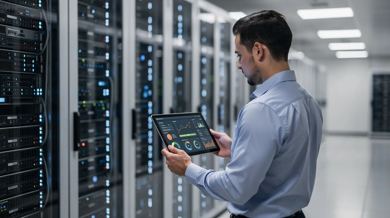 A technician is carefully examining server equipment in a pristine data center, symbolizing the importance of layered monitoring and recovery planning for maintaining the security of WordPress websites. This environment highlights the need for effective malware detection and removal strategies to protect against malicious code and ensure the integrity of WordPress core files.