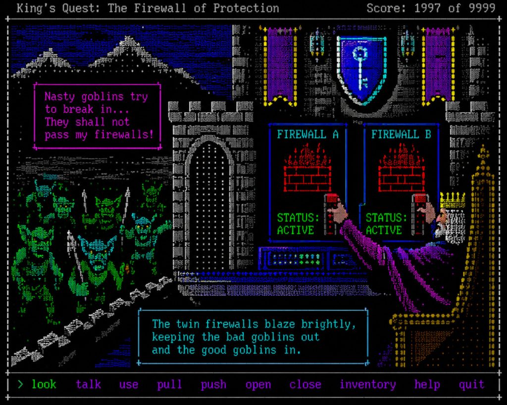 Ansi Ascii art depicting a king protecting his network by enabling a firewall