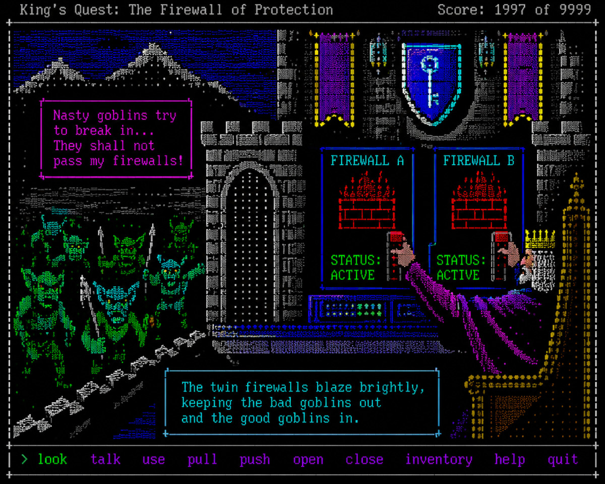 Ansi Ascii art depicting a king protecting his network by enabling a firewall