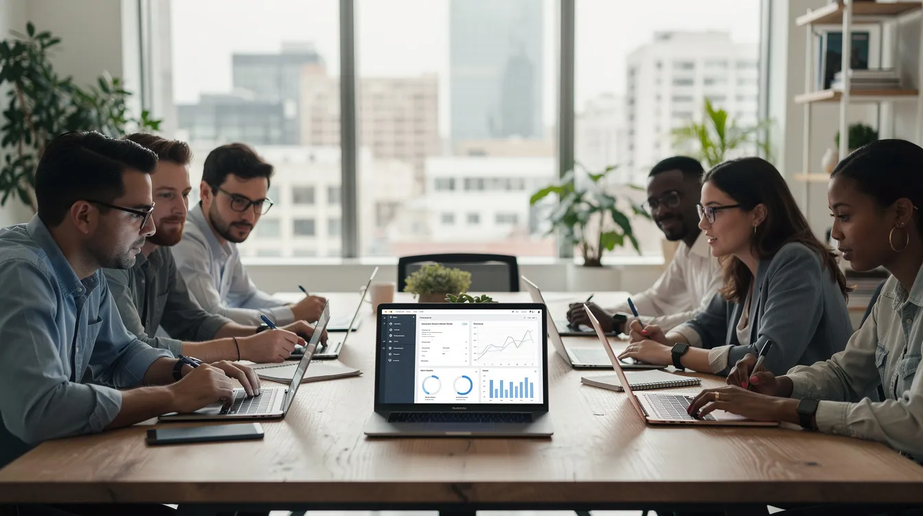 A diverse agency team is gathered in a modern office, focused on reviewing website operations on their laptops. They are discussing strategies to enhance WordPress website security, including the use of trusted WordPress security plugins and best practices to prevent security threats and brute force attacks.