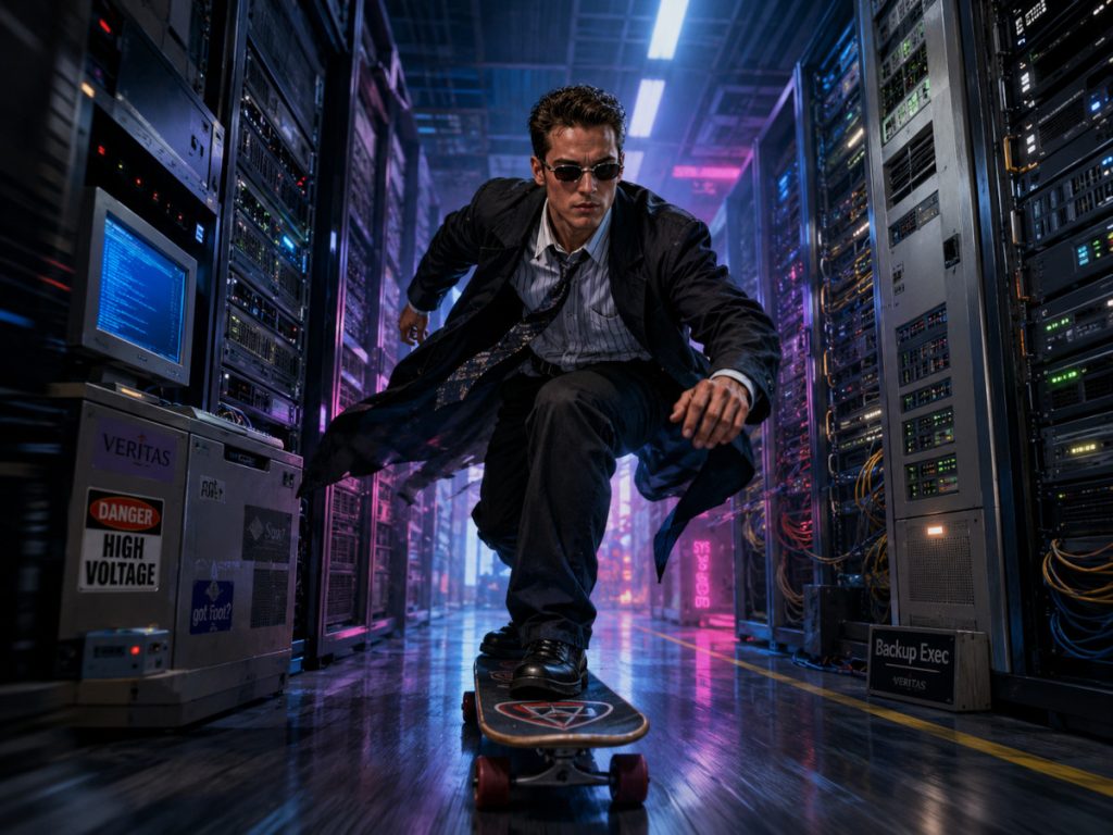 Cybersecurity red team hacker skateboarding in a data center