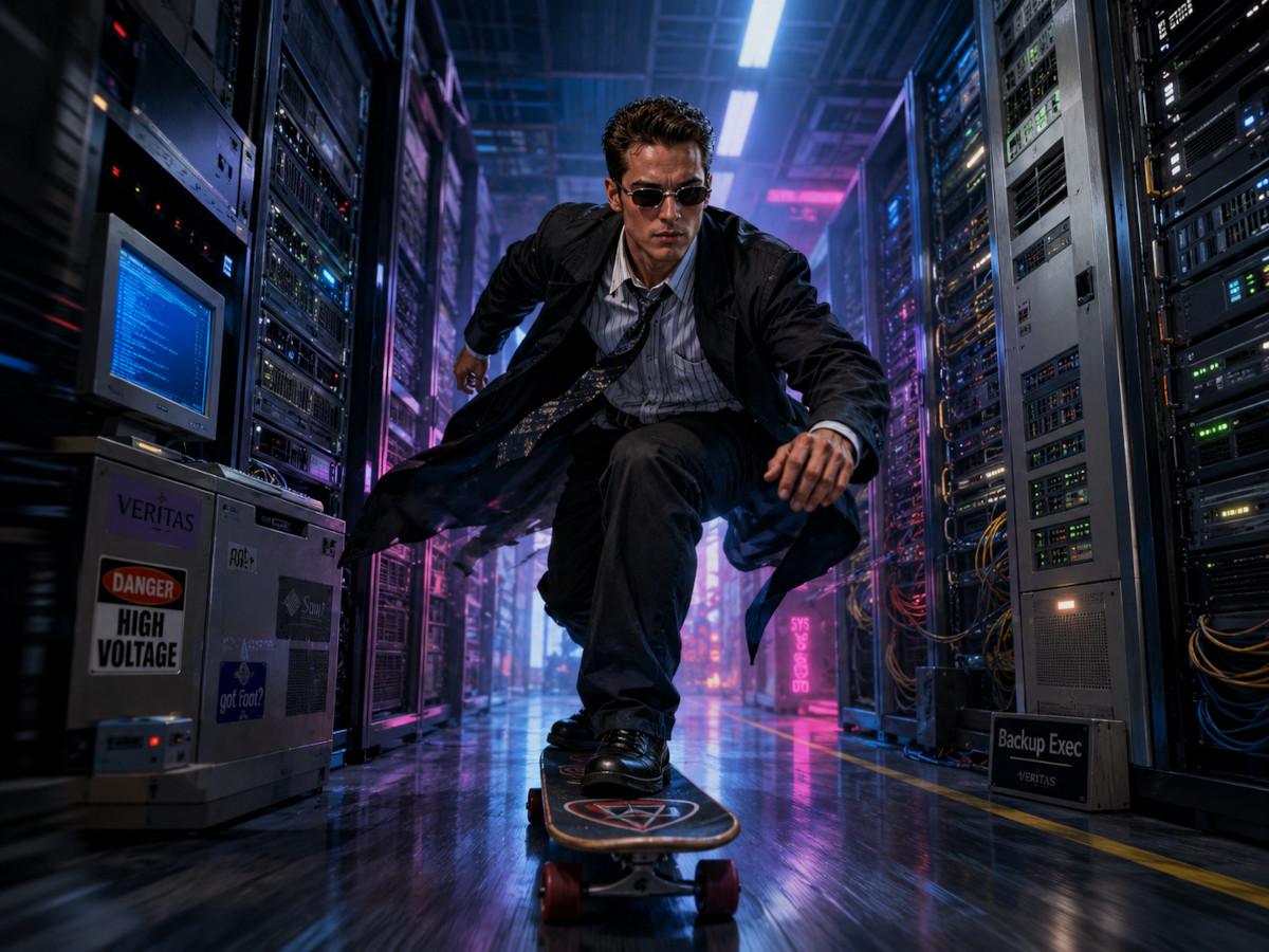 Cybersecurity red team hacker skateboarding in a data center