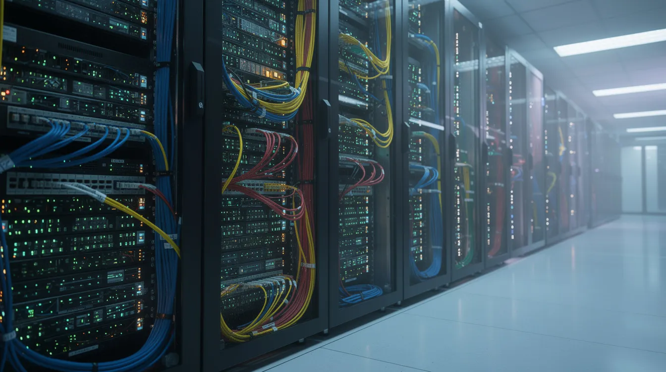 The image depicts a server room filled with blinking lights and tangled network cables, symbolizing a high traffic load. This environment is crucial for managing login attempts and protecting against brute force attacks on a secure WordPress login page.