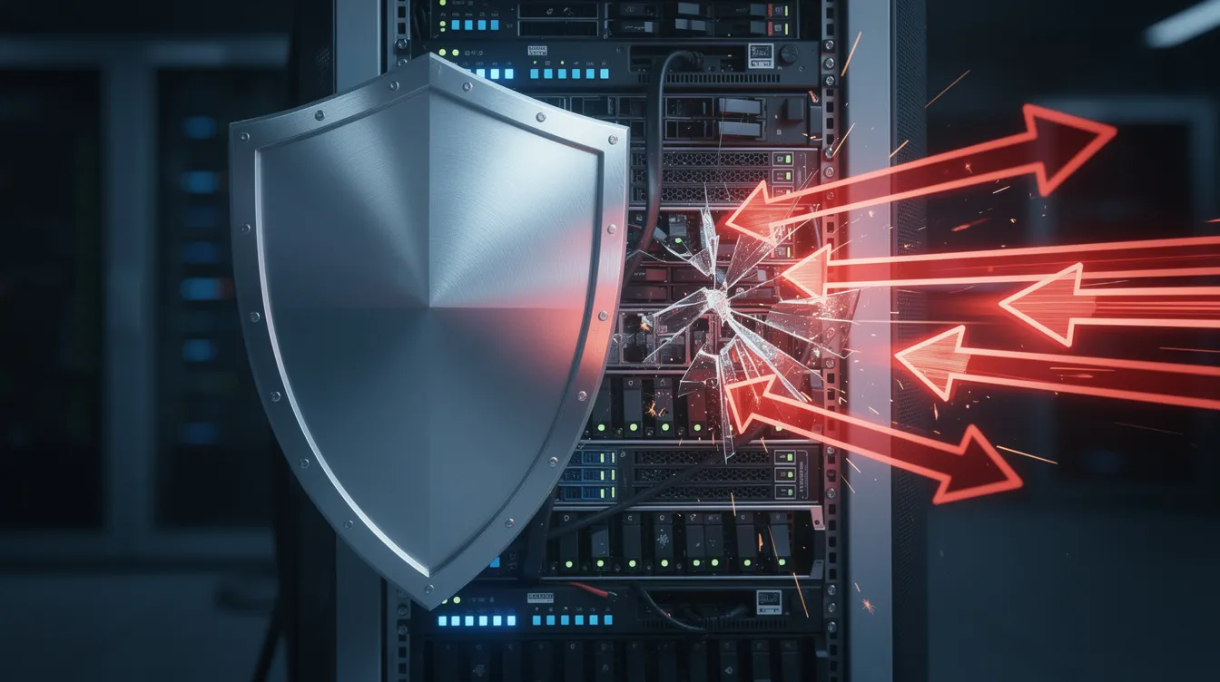 A metallic shield stands prominently in front of a server rack, symbolizing firewall protection against incoming red arrows that represent malicious traffic and threats to the server. This image illustrates the importance of a security solution, such as a WordPress security plugin, in safeguarding web applications from security vulnerabilities and malware infections.
