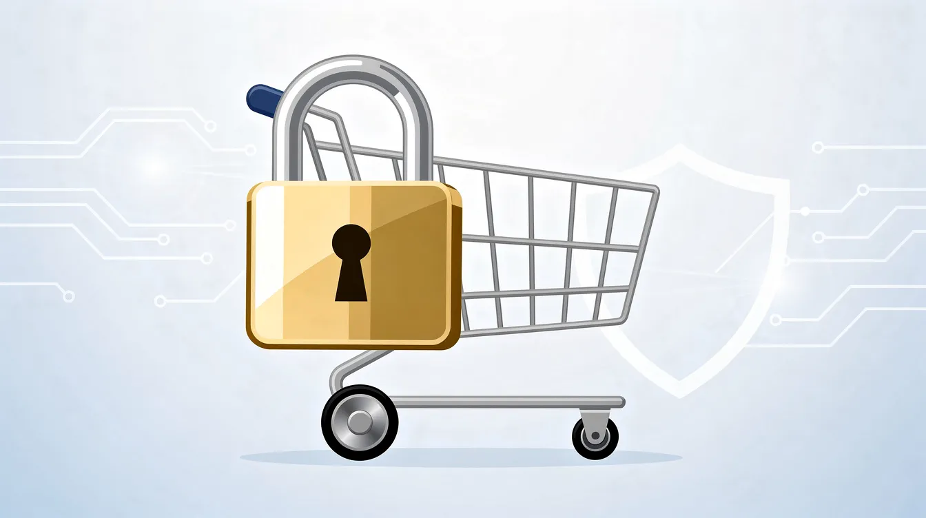 The image depicts a padlock icon superimposed on a shopping cart wheel, representing the importance of e-commerce security measures for protecting online transactions. This visual emphasizes the need for robust security plugins and practices to safeguard a WooCommerce store from potential attacks and unauthorized access.