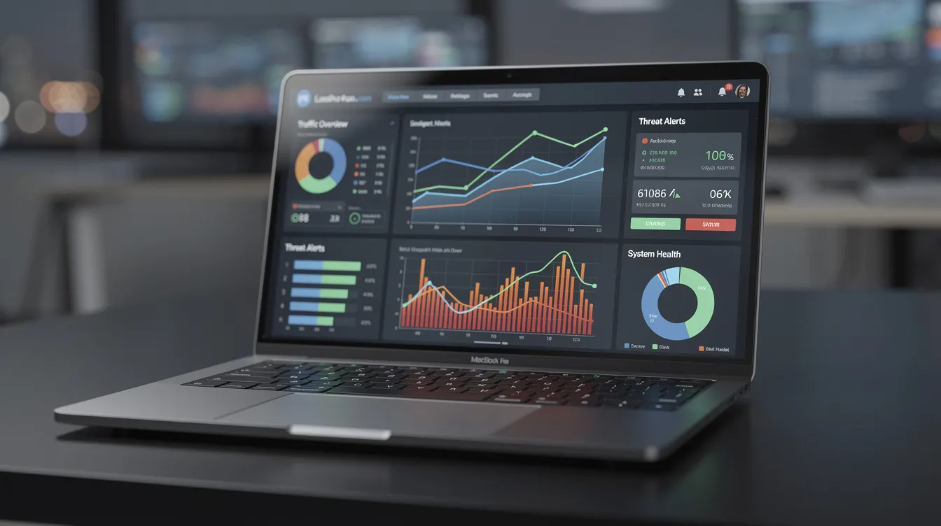 The image shows a laptop screen featuring a security dashboard filled with colorful charts and traffic graphs, illustrating website security metrics such as malicious traffic and server load. This visual representation highlights key security features and tools, including firewall protection and brute force protection, essential for maintaining site performance and protecting against cyber threats.