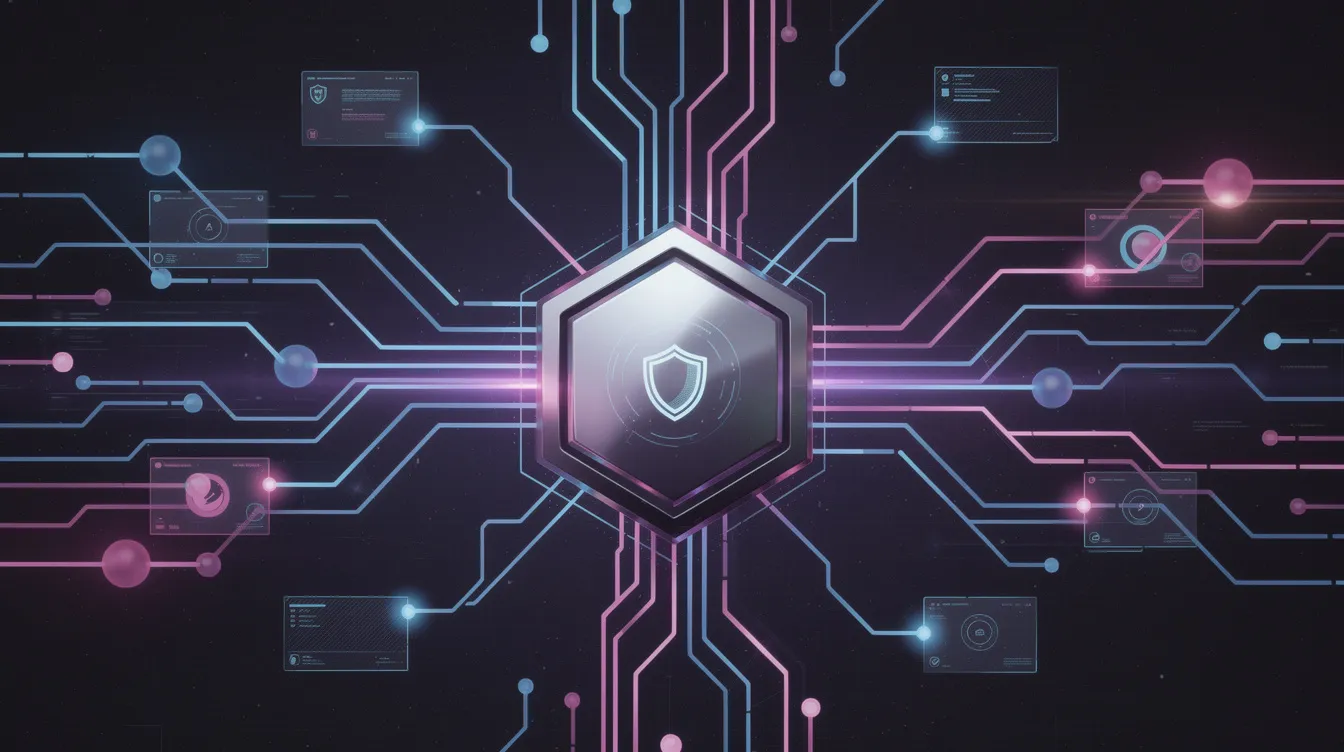 The image features a retro-futuristic design showcasing multiple glowing website nodes interconnected through a central hexagonal shield node, symbolizing centralized edge protection against malicious bots and automated crawlers. This illustration emphasizes the importance of safeguarding WordPress sites from bot activity and enhancing AI search visibility.