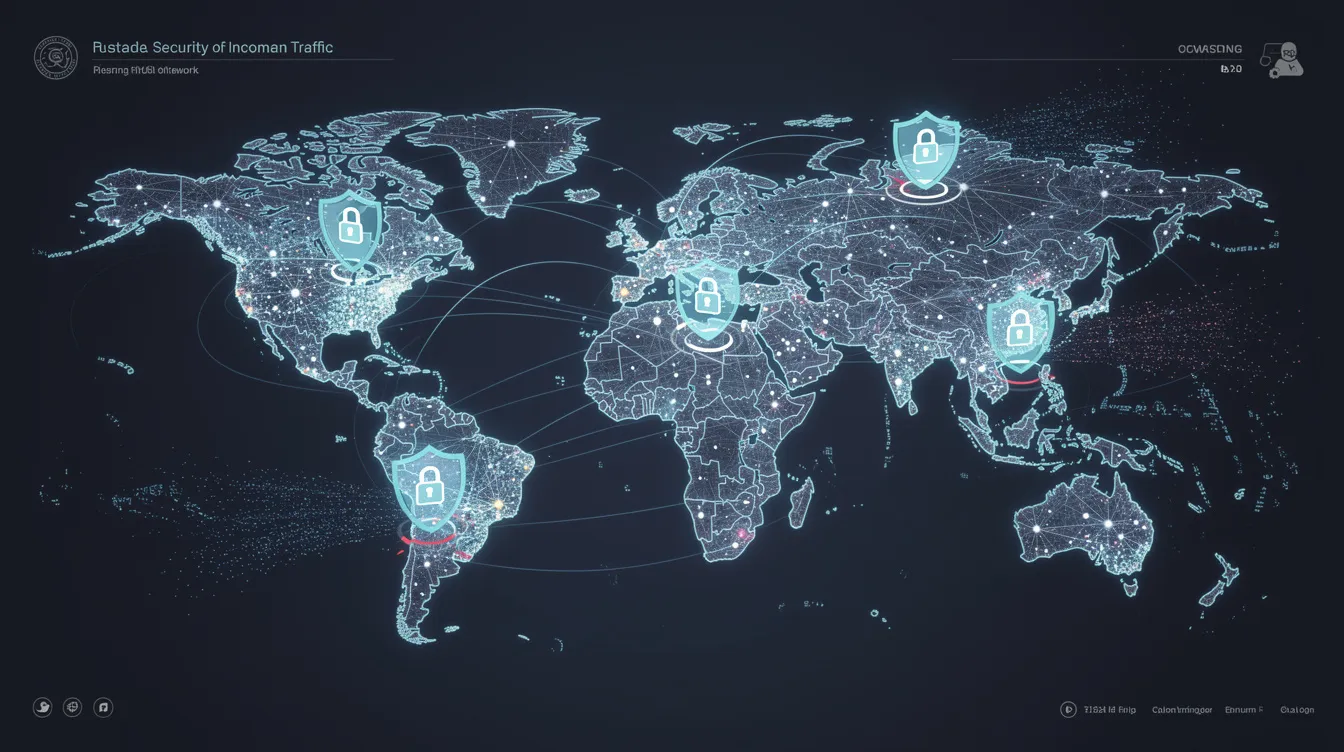 The image depicts a global network map featuring interconnected nodes, with shield icons symbolizing edge security points designed to filter incoming network traffic. This visual representation highlights the importance of protecting against zero day vulnerabilities and serious security threats that could exploit sensitive data across enterprise environments.
