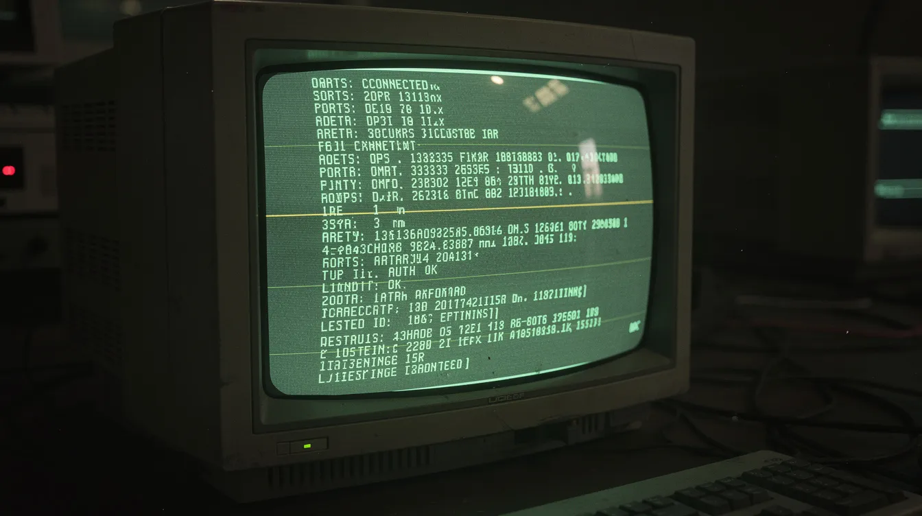 The image features a glowing green CRT monitor in a dimly lit room, showcasing scrolling terminal text that includes network connection logs, evoking a retro 1990s hacker aesthetic with amber phosphor scanlines. This scene captures the essence of data exchange and API requests, reminiscent of the early days of digital security and programming.