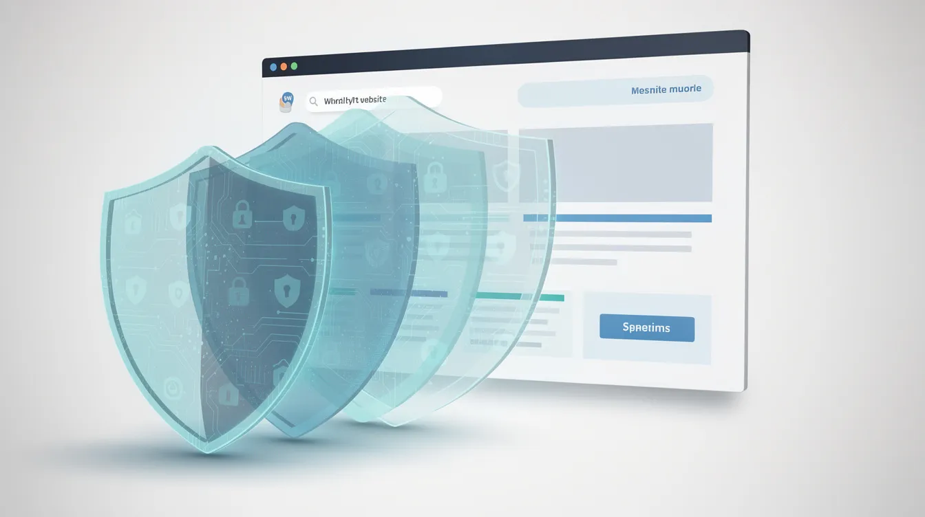 The image depicts multiple overlapping shield layers in front of a stylized website, illustrating the concept of defense in depth for website security. This visual representation emphasizes the importance of comprehensive security features, such as firewall protection and malware scanning, to protect against cyber threats and ensure site performance.