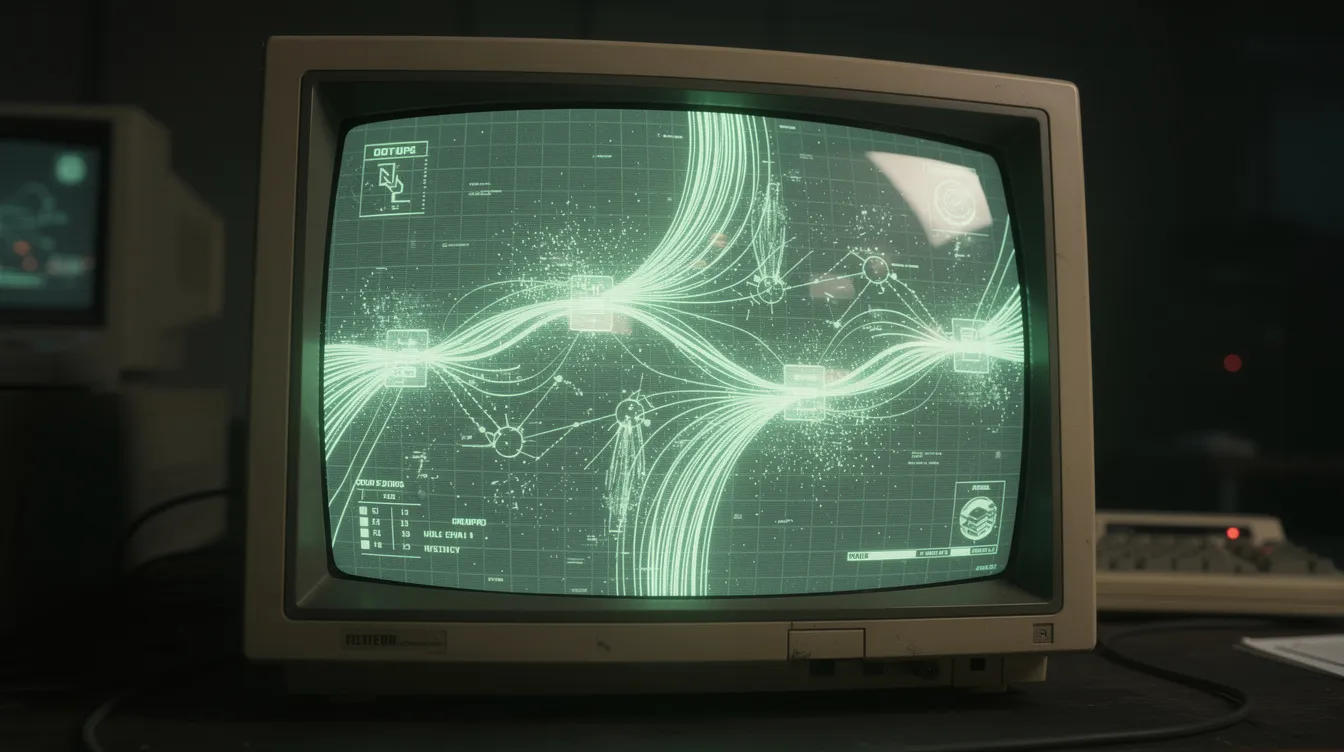 The image features a retro CRT monitor with green phosphor scanlines, showcasing a network traffic flow visualization filled with glowing nodes and data streams in a dimly lit room. This scene highlights the importance of maintaining security against malicious traffic and attack patterns, essential for security teams managing web applications.