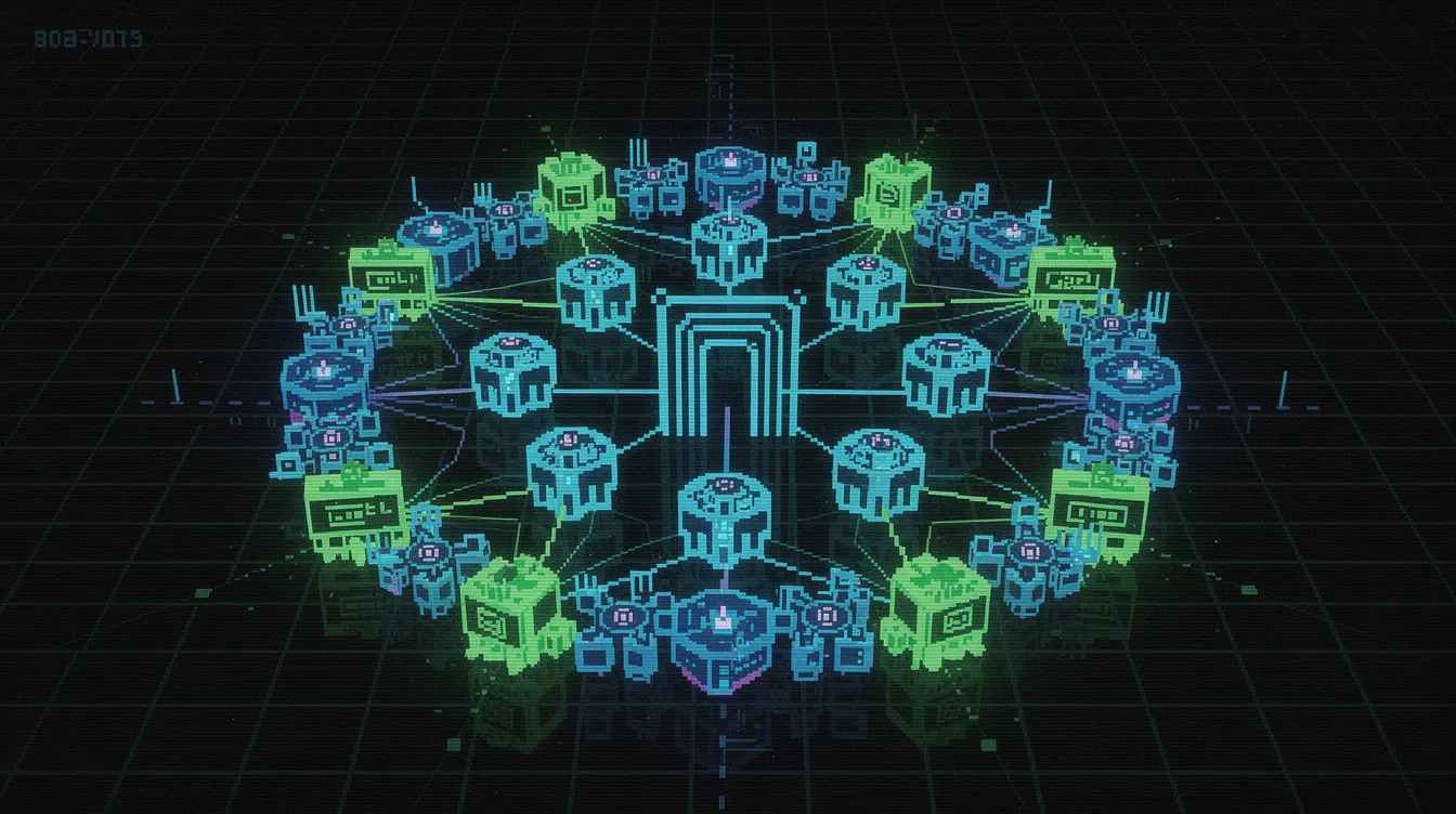 The image depicts a retro cyberpunk network gateway visualization, featuring glowing neon blue and green edge nodes that create a barrier against a dark grid background, reminiscent of 16-color ANSI vector geometry. This artistic representation evokes the concept of secure data exchange through APIs, highlighting the importance of authentication methods and protecting sensitive information in a WordPress site.