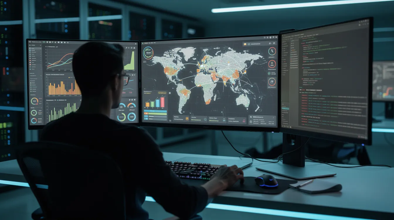 The image depicts a person focused on a computer workstation equipped with multiple monitors, showcasing various analytics dashboards and security data visualizations. The screens display critical information related to security vulnerabilities, including zero day vulnerabilities and analytics that help security teams mitigate risks and protect sensitive data from potential threats.