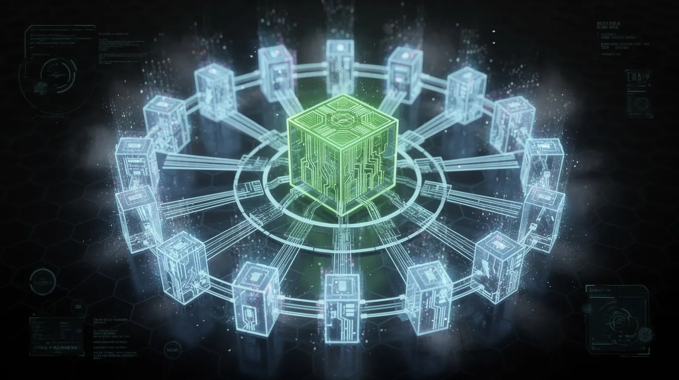 The image depicts a cyberpunk-style scene featuring neon blue edge network nodes that create a protective barrier around a central glowing green server core, symbolizing a web application firewall designed to maintain security against malicious traffic. The dark background enhances the futuristic aesthetic, illustrating the importance of protecting sensitive data from new threats and attack patterns.