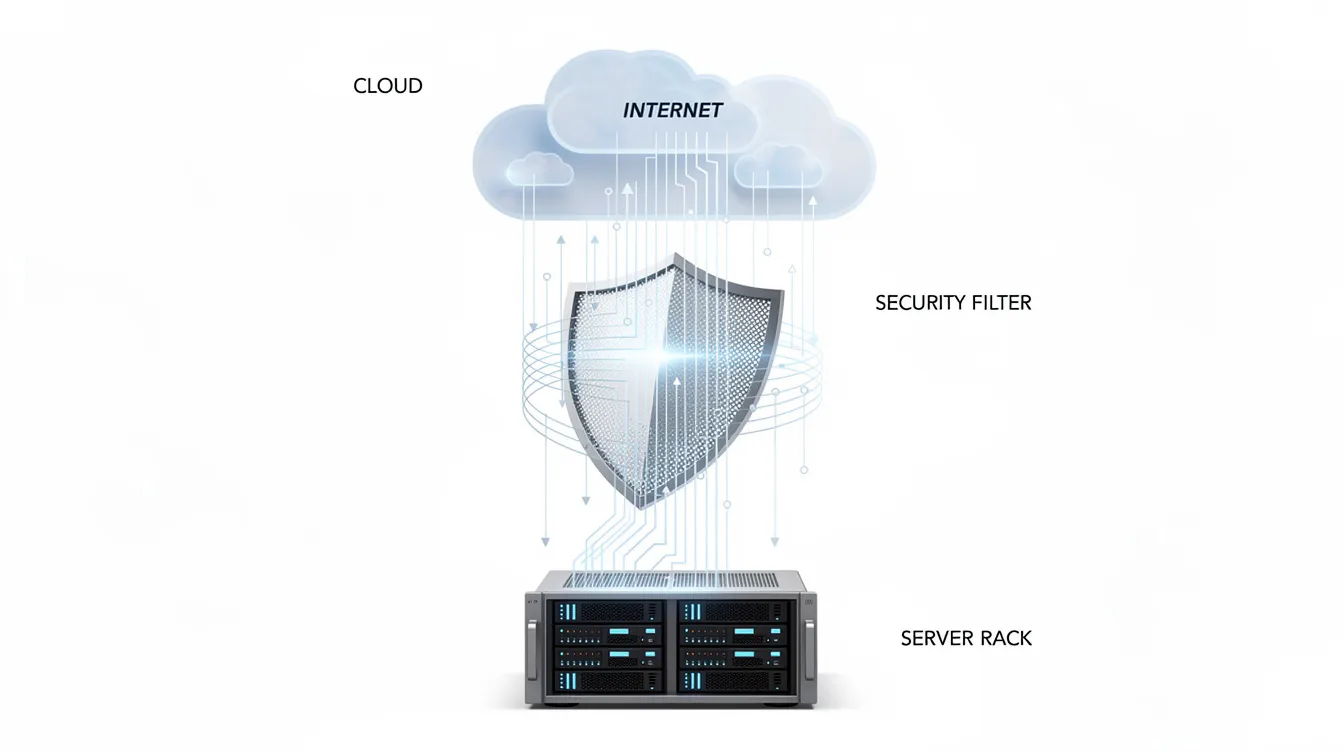 The image depicts a cloud network with data traffic flowing through a shield-shaped filter, symbolizing firewall protection against malicious traffic before reaching a server rack. This visual representation highlights the importance of website security and comprehensive protection against cyber threats, ensuring optimal site performance and reduced server load.