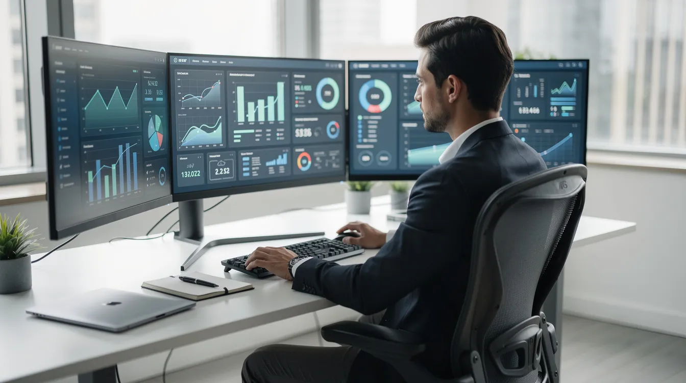 The image depicts a person focused on their work at a modern desk, surrounded by multiple monitor screens displaying dashboard analytics related to website security, including metrics on malicious traffic and security vulnerabilities. The setup suggests the use of a comprehensive security solution, possibly involving a WordPress security plugin for monitoring and protecting against malware and other threats.