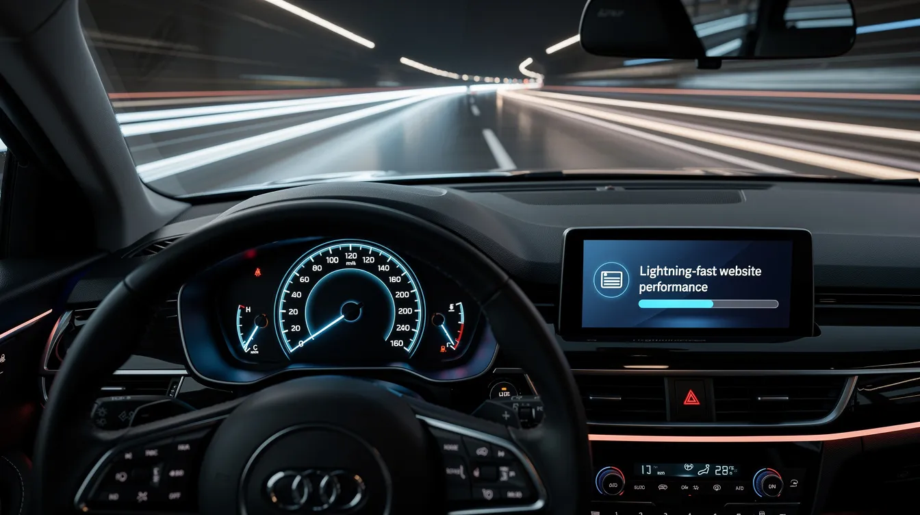 The image depicts a car dashboard speedometer indicating high speed, symbolizing fast website performance. This visual metaphor emphasizes the importance of optimizing a WooCommerce website for rapid loading times and security measures to enhance user experience.