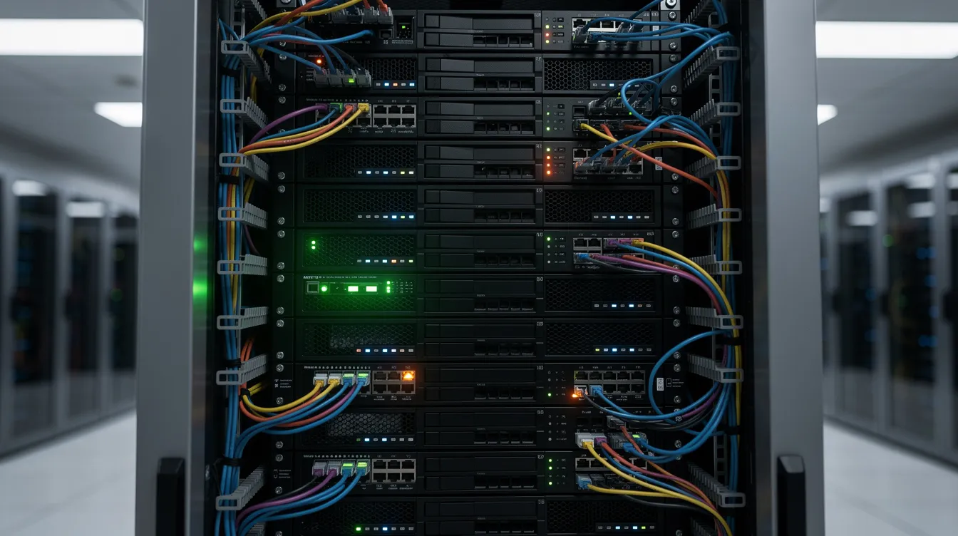 The image depicts a modern server rack filled with various servers, illuminated by glowing LED lights, and connected with numerous cables inside a high-tech data center. This environment is crucial for managing security vulnerabilities, such as zero day exploits, and ensuring the protection of sensitive data against potential attacks by malicious actors.