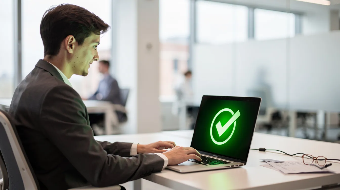 A confident individual is working on a laptop in a modern office, with a glowing green checkmark displayed on the screen, symbolizing successful website security and protection against malicious traffic. This image conveys a sense of solid security and peace of mind for website owners, emphasizing the importance of comprehensive security features to safeguard against cyber threats.